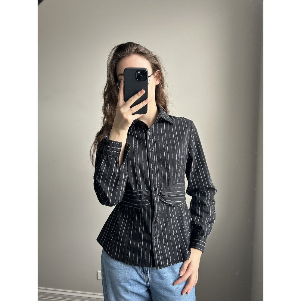 Apt. 9 Black & White Pinstripe Button Down Shirt Size M – Fitted Office Siren Bl